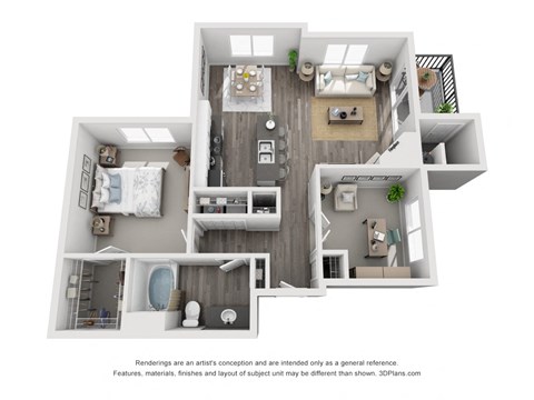 Floor plan for 1 bed, 1 bath, 1079 sqft